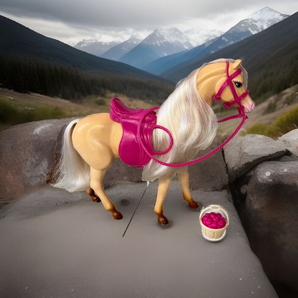 Tawny Barbie’s Horse Palomino With Saddle Bridle And Apple Basket Play